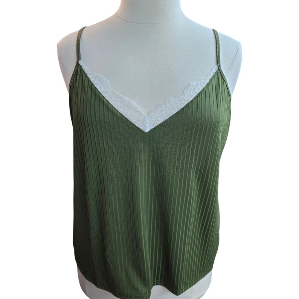Ekouaer 2XL Olive Green Ribbed Lace Trim Cami Tank Top Adjustable Straps NWT